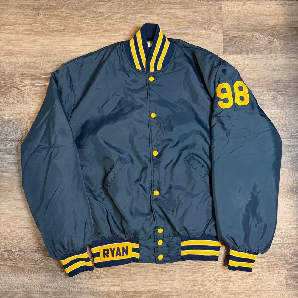 Vintage Holloway Varsity‎ Bomber Jacket Navy Blue Yellow Chamberlin 98 Large - Picture 2 of 3